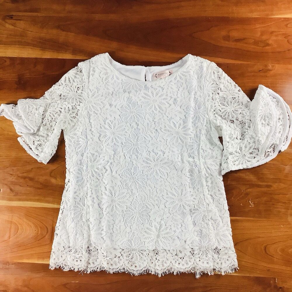 Nanette Lepore Blouse White Lace Scallop Elbow Ruffle Flutter Sleeve Women S